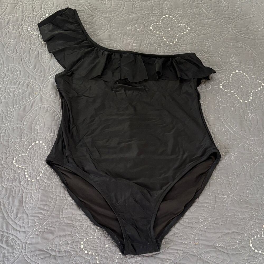 J. Crew Black One-Shoulder Ruffle One-Piece Swimsuit